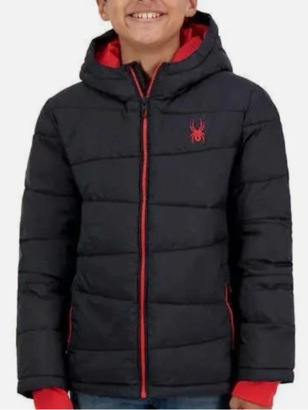 Spyder XL Kids Boys Black Puffer Jacket Red Fleece Parka Coat Winter Snow EUC